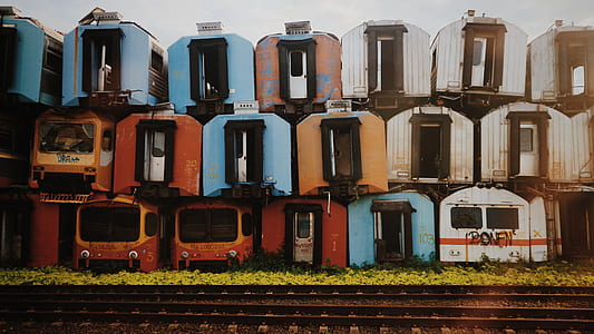 blue, white, and brown train near rail painting thumbnail
