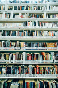 assorted book lot on white shelves thumbnail