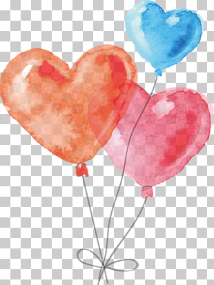 Watercolor painting, hand-drawn heart-shaped balloon, orange, blue, and red balloons illustration PNG clipart