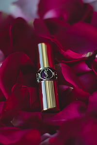 shallow focus photography of women's lipstick on top of petals thumbnail