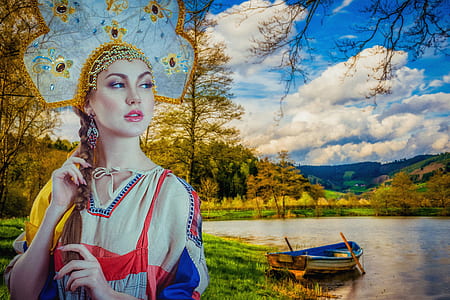 woman in beige, red, and blue dress near body of water with dock white and blue boat thumbnail
