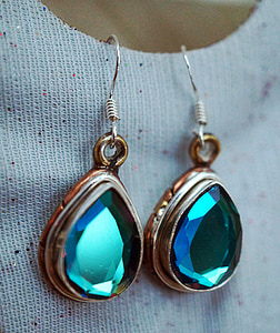 pair of gold-and-silver-colored pendant hook earrings with green gemstones thumbnail