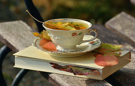 Tea Cup Served With Full Tea Placed on a Saucer and on Top of a White Hard Cover Book thumbnail