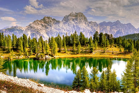 landscape photography of body of water near trees under cloudy sky thumbnail