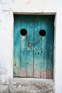 teal wooden door with chain and padlock thumbnail