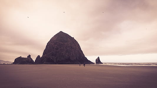 two person walking on shore near rock formation thumbnail