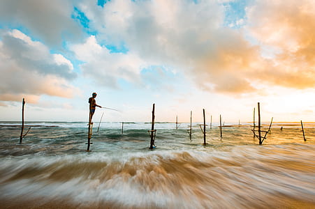 man standing on brown stick during sunrise thumbnail