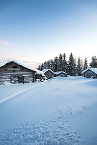 several wooden shacks covered with snow thumbnail