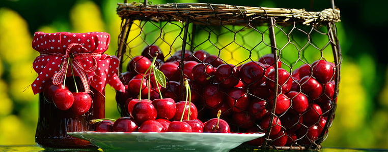 photo of red cherries with basket and plate thumbnail