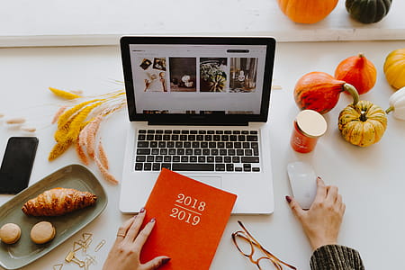 Female desk with orange notebook and pumpkins thumbnail