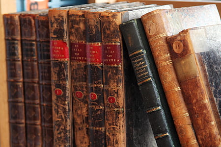 brown and black books on shelf thumbnail