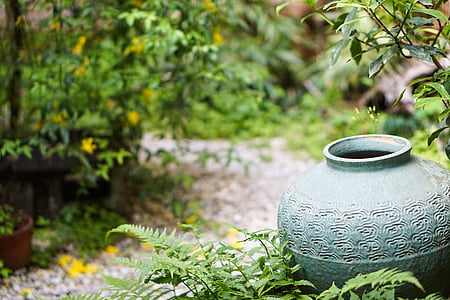 green ceramic vase surrounded with green leafed plants thumbnail