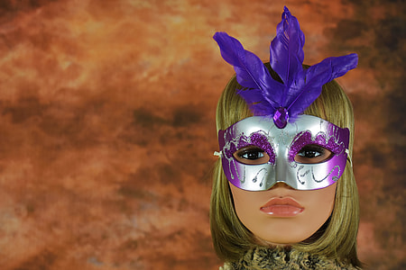 female mannequin wearing gray and purple masquerade thumbnail