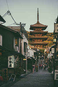 people walking in gray pathway near pagoda and houses thumbnail
