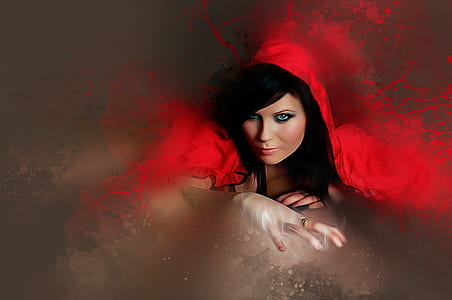 woman wearing red hood digital wallpaper thumbnail