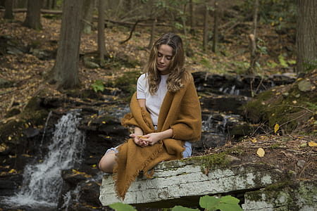 woman, nature, landscape, waterfall thumbnail