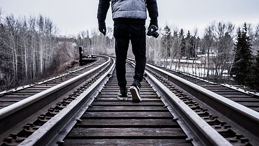 person standing on railroads in middle of pine trees during daytime thumbnail