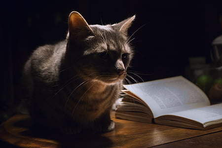 gray cat sitting beside white book thumbnail