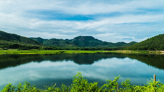 body of water surrounded by green leaved trees near mountains under blue and white cloudy sky during daytime thumbnail