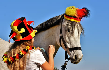woman wearing Joker hat beside white horse at daytime thumbnail