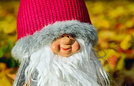 closeup photography of gnome with red and gray knit cap thumbnail