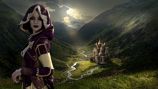 woman wearing purple and beige medieval dress with castle background thumbnail