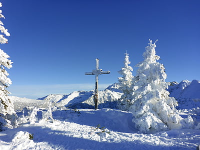 brown cross covered by snow near mountain and trees thumbnail