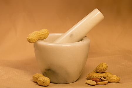 white ceramic mortar and pestle with brown nuts thumbnail