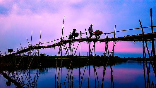 silhouette of person standing on wooden bridge thumbnail