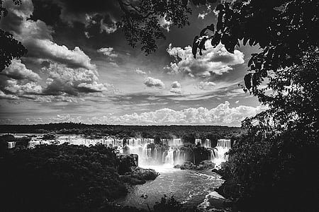 grayscale photo of waterfalls thumbnail