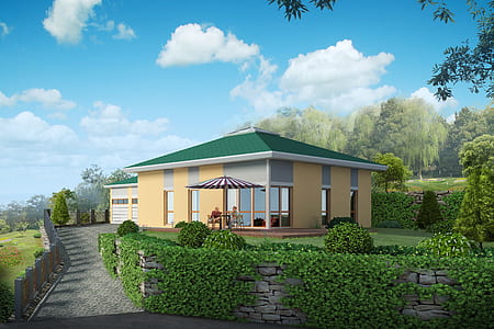 yellow and green concrete house near garden thumbnail