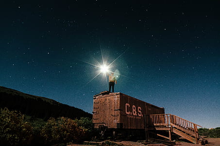person holding flashlight while standing on cargo trailer beside plants near mountain under starry night painting thumbnail