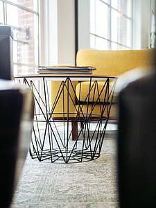 round brown wooden top with black metal base table thumbnail