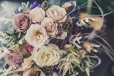 photo of pink, white, and purple rose flower bridal bouquet thumbnail