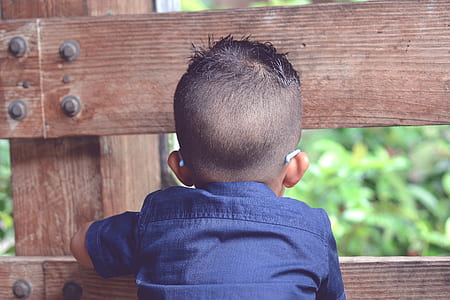 boy in blue top peeking on fence thumbnail