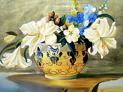 beige and black floral vase with flowers painting thumbnail