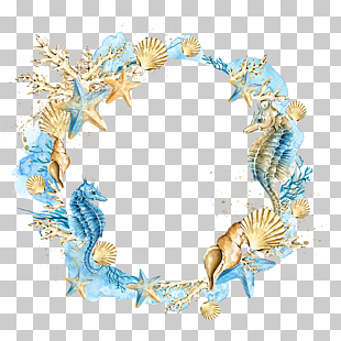 Wedding invitation Watercolor painting Seashell , Shells Starfish Wreath, brown and blue sea creatures PNG clipart