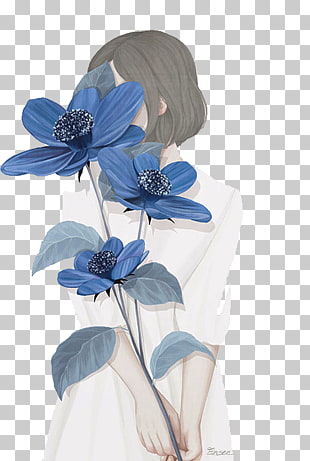 Girl Boy, BLUELOVER girls, painting of blue flowers PNG clipart
