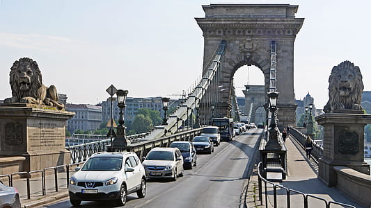 white Nissan Rogue SUV and assorted cars on road on concrete bridge during traffic thumbnail