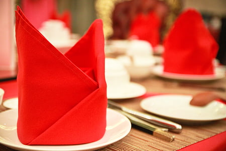 selective focus photography of red table cloth on white ceramic plate thumbnail
