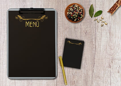 flat lay photography menu board, gold pen and notebook thumbnail