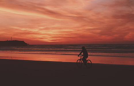 silhouette of person riding on bicycle while traveling on beach shore thumbnail