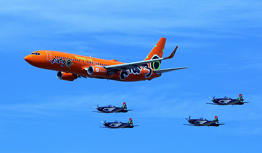 five assorted-color flying planes under blue sky thumbnail