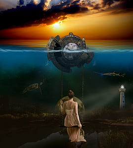 underwater photography with woman in beige strapless dress sitting on swing thumbnail