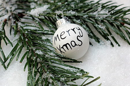 white Merry Xmas-printed bauble beside green leafed decor thumbnail