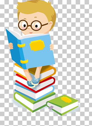 Child Reading , student, boy sitting on stack of books while reading illustration PNG clipart