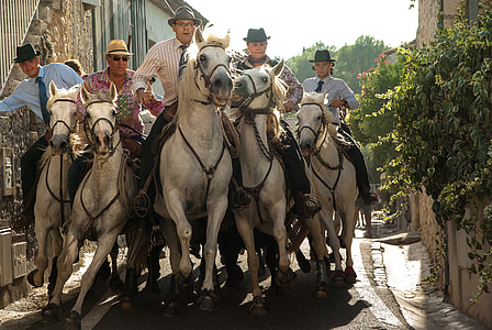 five men riding horses in the middle of buildings during daytime thumbnail