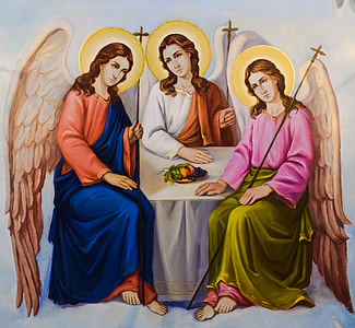 three angels sitting by a white table painting thumbnail
