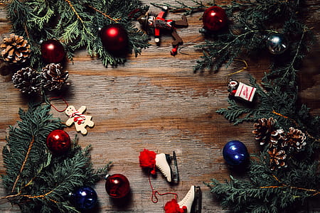 Woodgrain With Christmas Ornaments Photo thumbnail