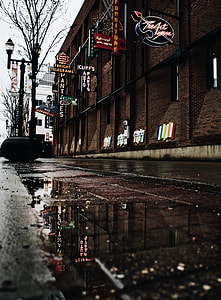 low-angle photography of empty road between store facades thumbnail